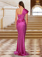 Sheath/Column One-Shoulder Silk Satin Ruched Evening Dresses with Split Side