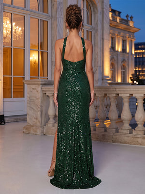 Sheath/Column Halter Sequin Floor-Length Evening Dresses with Split Side & Keyhole
