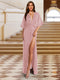 A-Line/Princess Plunging Neck Short Sleeves Sequin Evening Dresses with Split Side
