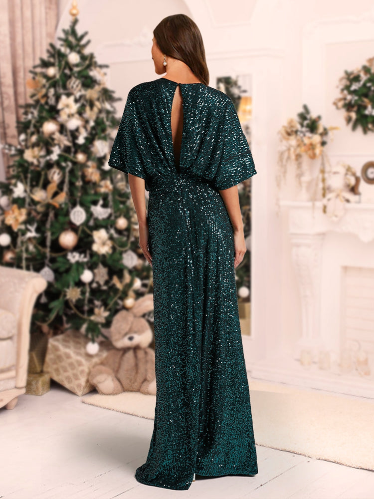 Lavetir Emerald A Line Princess Plunging Neck Short Sleeves Sequin Christmas Dresses with Split Side 2025