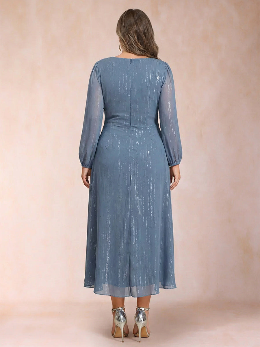 A-Line/Princess Crossover V-Neck Long Sleeves Ruffled Plus Size Evening Dresses
