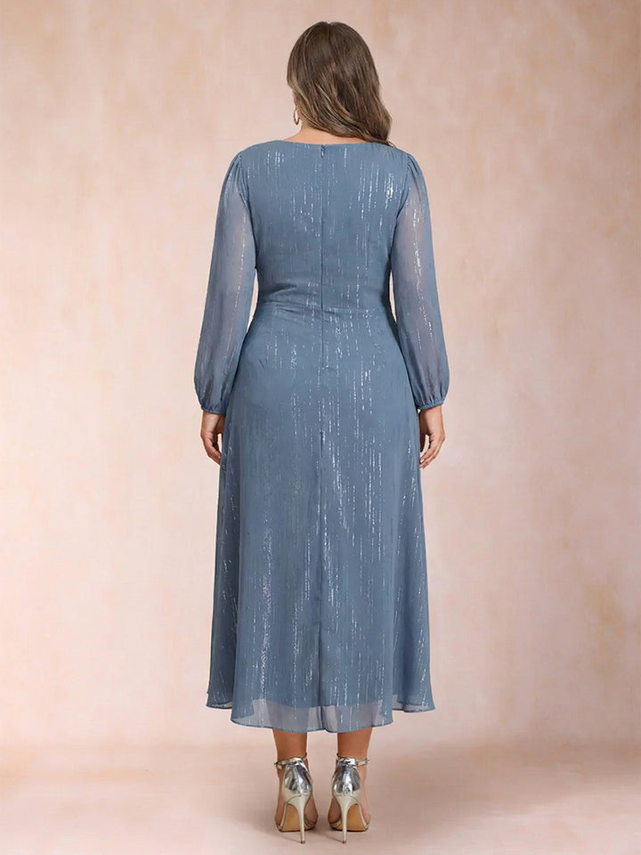 A-Line/Princess Crossover V-Neck Long Sleeves Ruffled Plus Size Evening Dresses