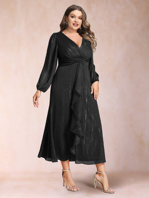 A-Line/Princess Crossover V-Neck Long Sleeves Ruffled Plus Size Evening Dresses