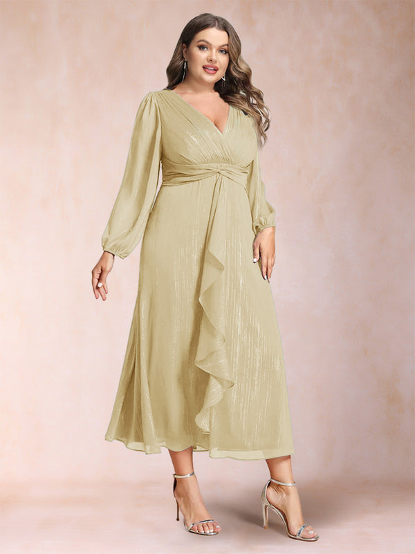 A-Line/Princess Crossover V-Neck Long Sleeves Ruffled Plus Size Evening Dresses