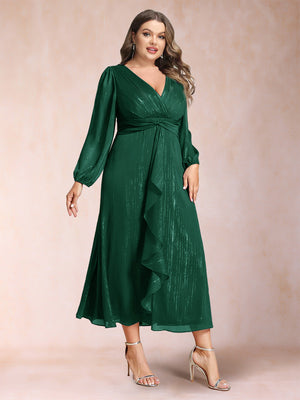 A-Line/Princess Crossover V-Neck Long Sleeves Ruffled Plus Size Evening Dresses