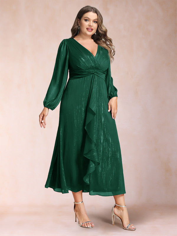 A-Line/Princess Crossover V-Neck Long Sleeves Ruffled Plus Size Evening Dresses
