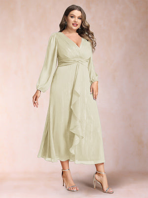 A-Line/Princess Crossover V-Neck Long Sleeves Ruffled Plus Size Evening Dresses