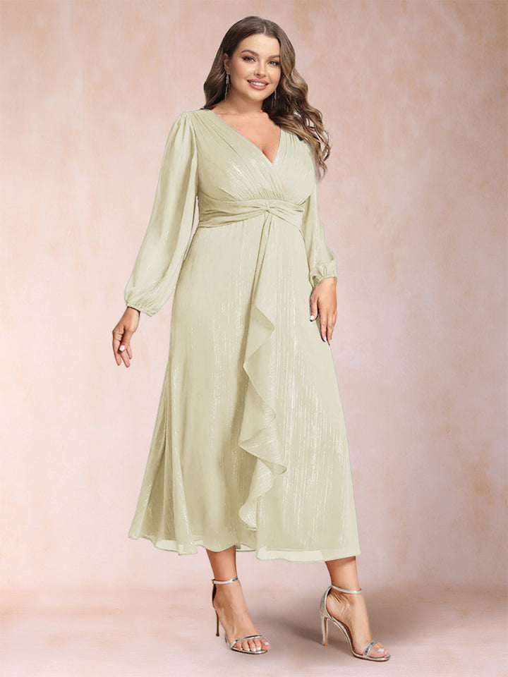 A-Line/Princess Crossover V-Neck Long Sleeves Ruffled Plus Size Evening Dresses
