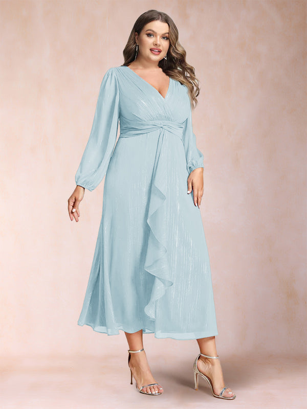 A-Line/Princess Crossover V-Neck Long Sleeves Ruffled Plus Size Evening Dresses