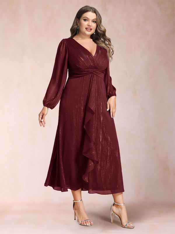 A-Line/Princess Crossover V-Neck Long Sleeves Ruffled Plus Size Evening Dresses