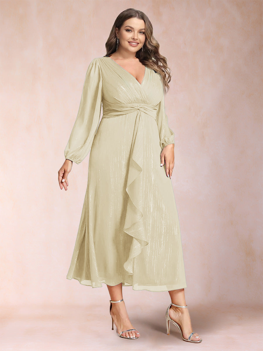 A-Line/Princess Crossover V-Neck Long Sleeves Ruffled Plus Size Evening Dresses