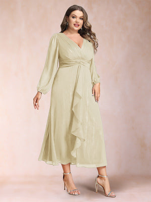 A-Line/Princess Crossover V-Neck Long Sleeves Ruffled Plus Size Evening Dresses