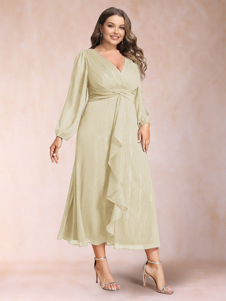 A-Line/Princess Crossover V-Neck Long Sleeves Ruffled Plus Size Evening Dresses