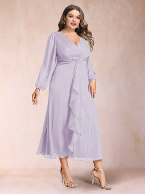 A-Line/Princess Crossover V-Neck Long Sleeves Ruffled Plus Size Evening Dresses