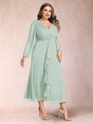 A-Line/Princess Crossover V-Neck Long Sleeves Ruffled Plus Size Evening Dresses