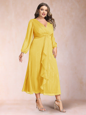 A-Line/Princess Crossover V-Neck Long Sleeves Ruffled Plus Size Evening Dresses