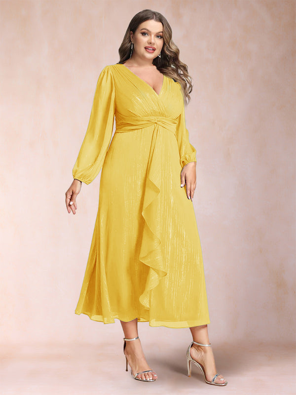 A-Line/Princess Crossover V-Neck Long Sleeves Ruffled Plus Size Evening Dresses