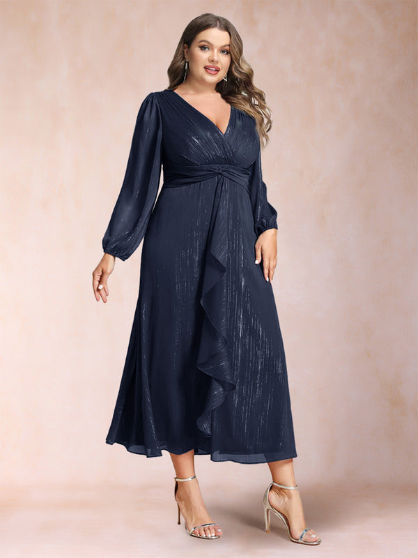 A-Line/Princess Crossover V-Neck Long Sleeves Ruffled Plus Size Evening Dresses