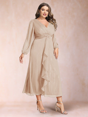 A-Line/Princess Crossover V-Neck Long Sleeves Ruffled Plus Size Evening Dresses