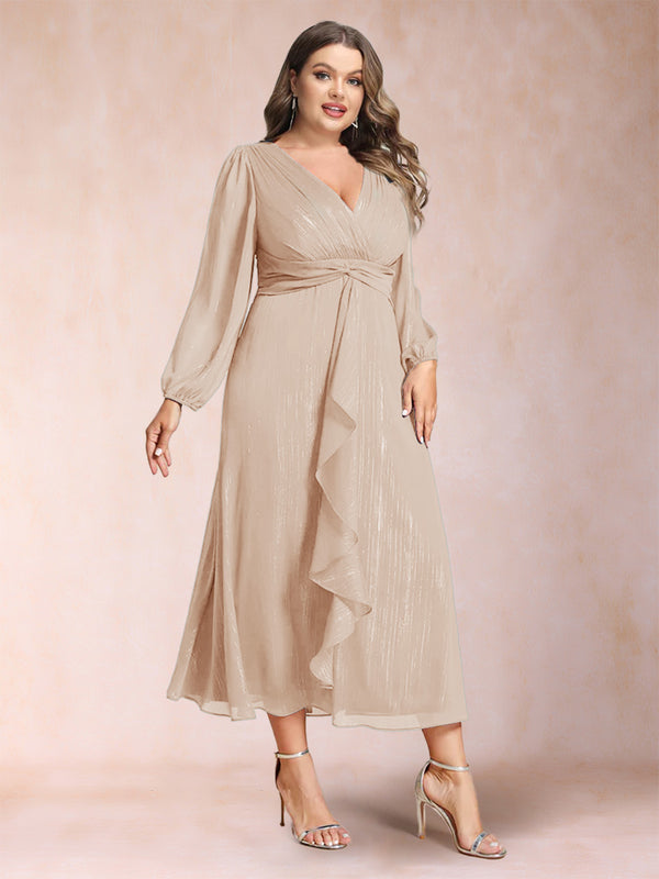 A-Line/Princess Crossover V-Neck Long Sleeves Ruffled Plus Size Evening Dresses