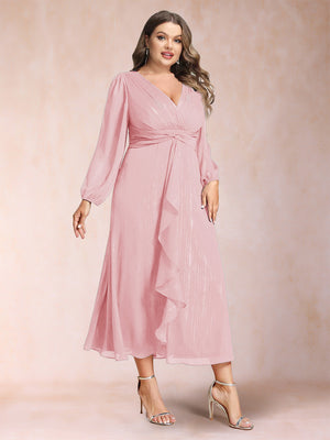 A-Line/Princess Crossover V-Neck Long Sleeves Ruffled Plus Size Evening Dresses