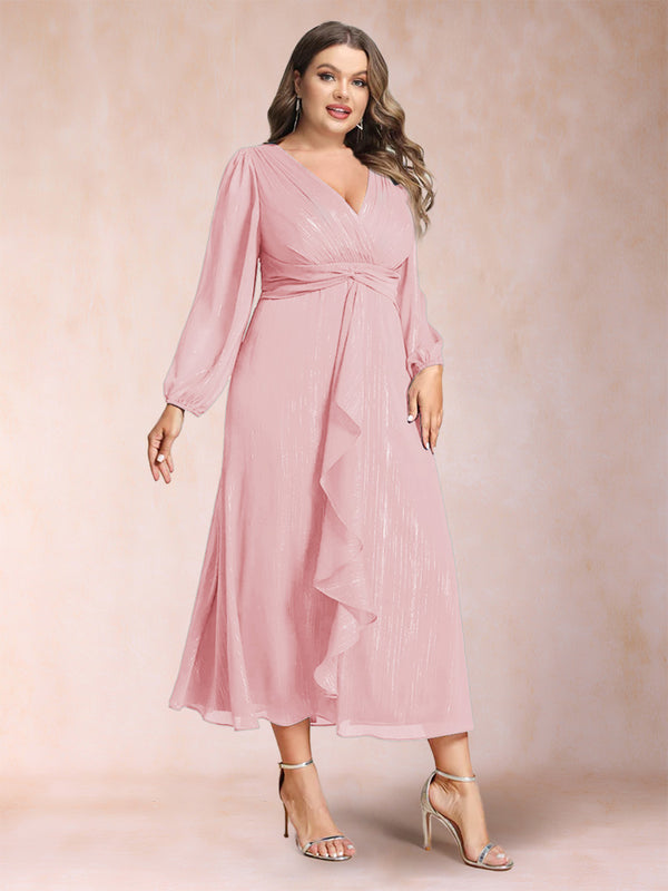 A-Line/Princess Crossover V-Neck Long Sleeves Ruffled Plus Size Evening Dresses
