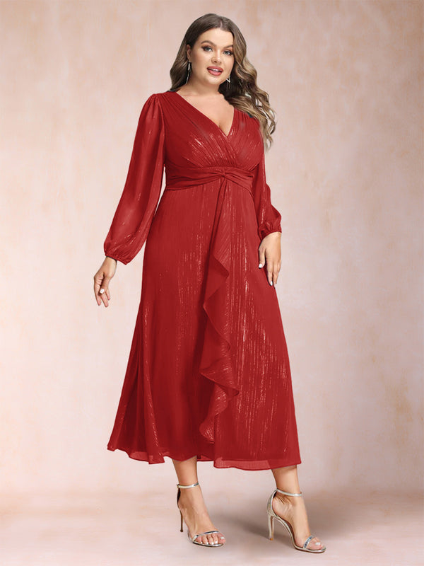 A-Line/Princess Crossover V-Neck Long Sleeves Ruffled Plus Size Evening Dresses
