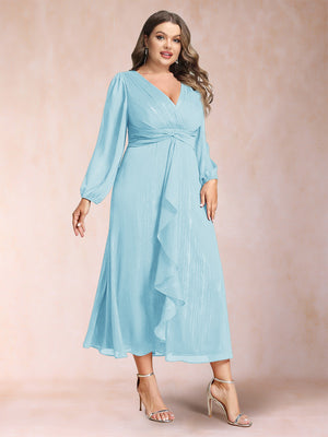 A-Line/Princess Crossover V-Neck Long Sleeves Ruffled Plus Size Evening Dresses