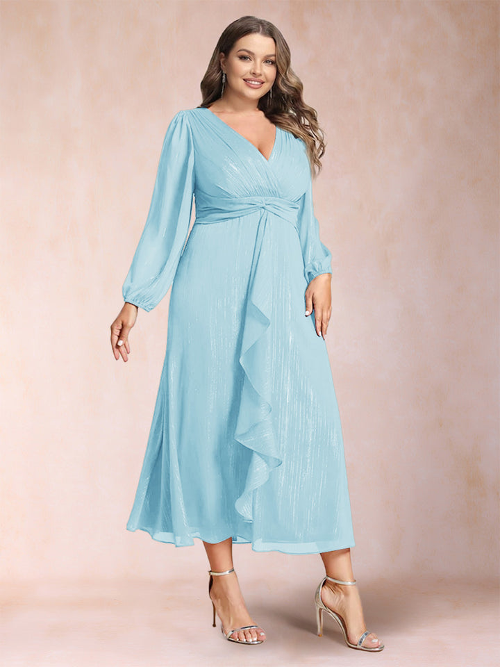 A-Line/Princess Crossover V-Neck Long Sleeves Ruffled Plus Size Evening Dresses