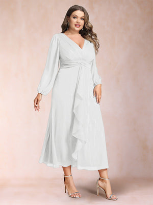 A-Line/Princess Crossover V-Neck Long Sleeves Ruffled Plus Size Evening Dresses