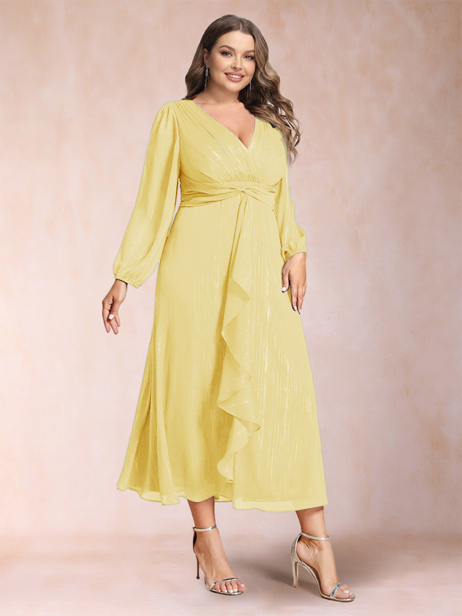 A-Line/Princess Crossover V-Neck Long Sleeves Ruffled Plus Size Evening Dresses