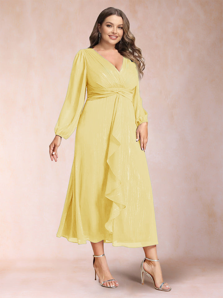 A-Line/Princess Crossover V-Neck Long Sleeves Ruffled Plus Size Evening Dresses