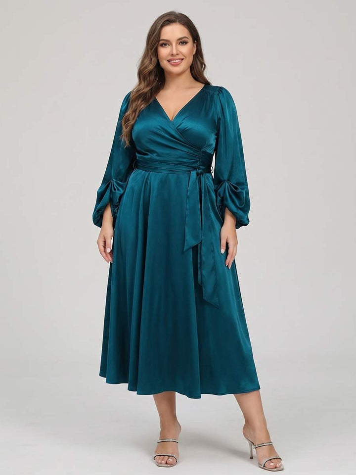 A-Line/Princess V-Neck 3/4 Sleeves Tea-Length Plus Size Mother of the Bride Dresses with Belt