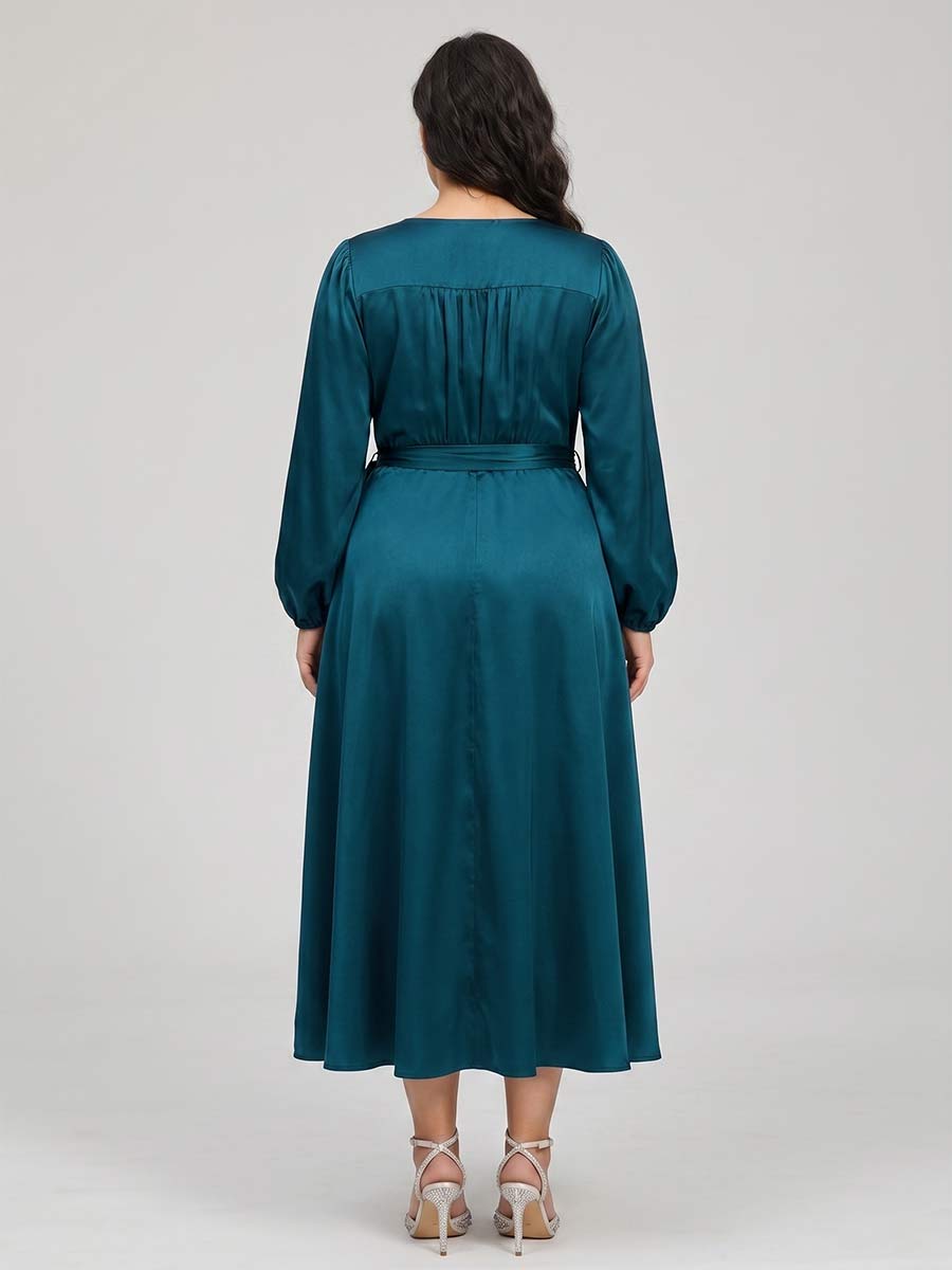 A-Line/Princess V-Neck 3/4 Sleeves Tea-Length Plus Size Mother of the Bride Dresses with Belt