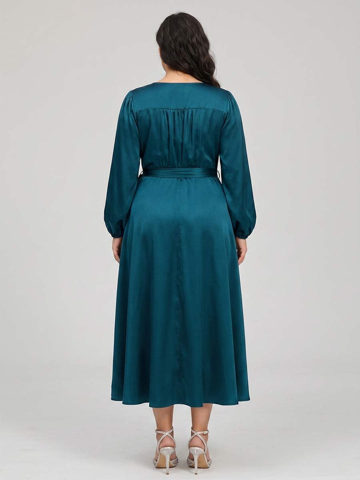 A-Line/Princess V-Neck 3/4 Sleeves Tea-Length Plus Size Mother of the Bride Dresses with Belt