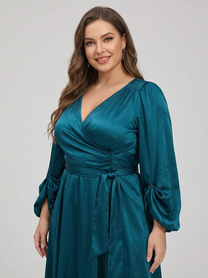 A-Line/Princess V-Neck 3/4 Sleeves Tea-Length Plus Size Mother of the Bride Dresses with Belt