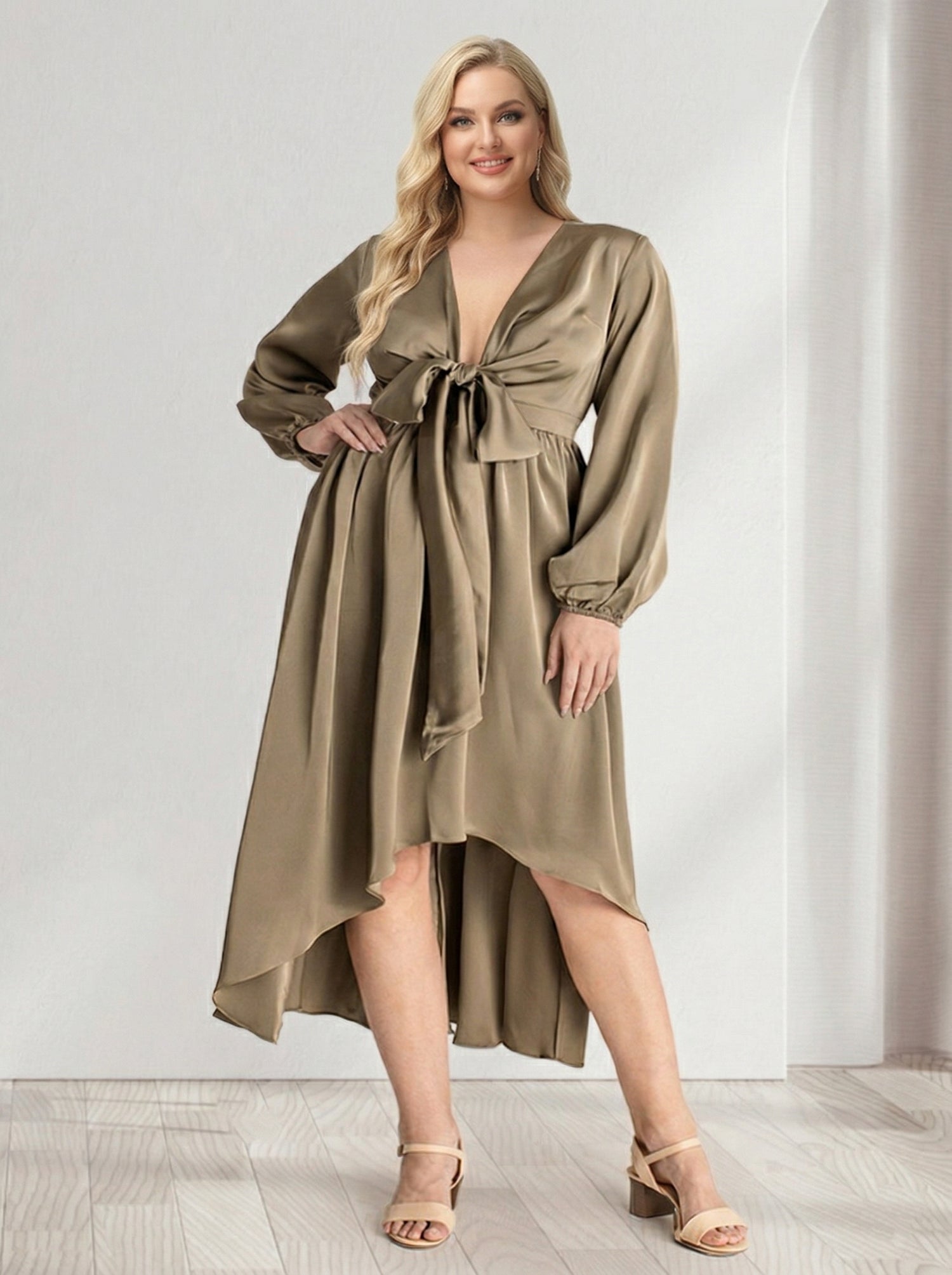 A-Line/Princess Plunging V-Neck Long Sleeves Wrap Plus Size Bridesmaid Dresses