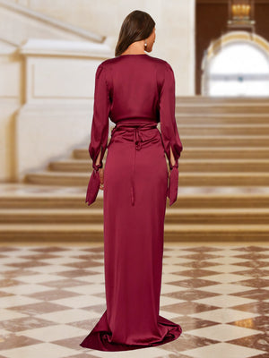 wrap formal dresses Silk Satin Evening Dresses for Women Burgundy Sheath/Column Crossover V-Neck Long Sleeves Floor-Length Prom Gowns with High Split