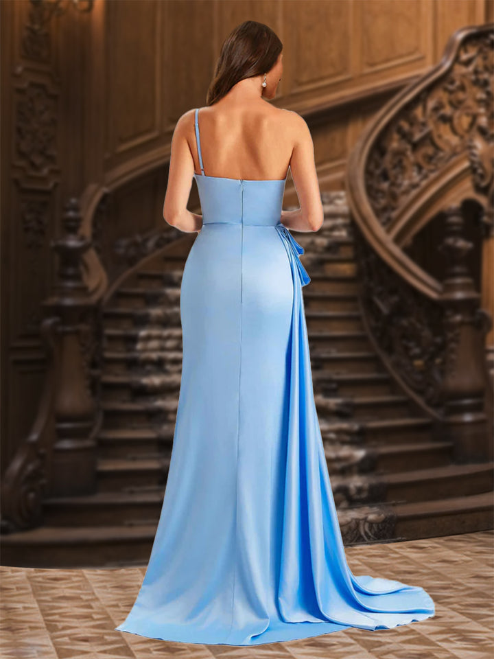 Trumpet/Mermaid One-Shoulder Spaghetti Strap Ruched Evening Dresses with Split Side