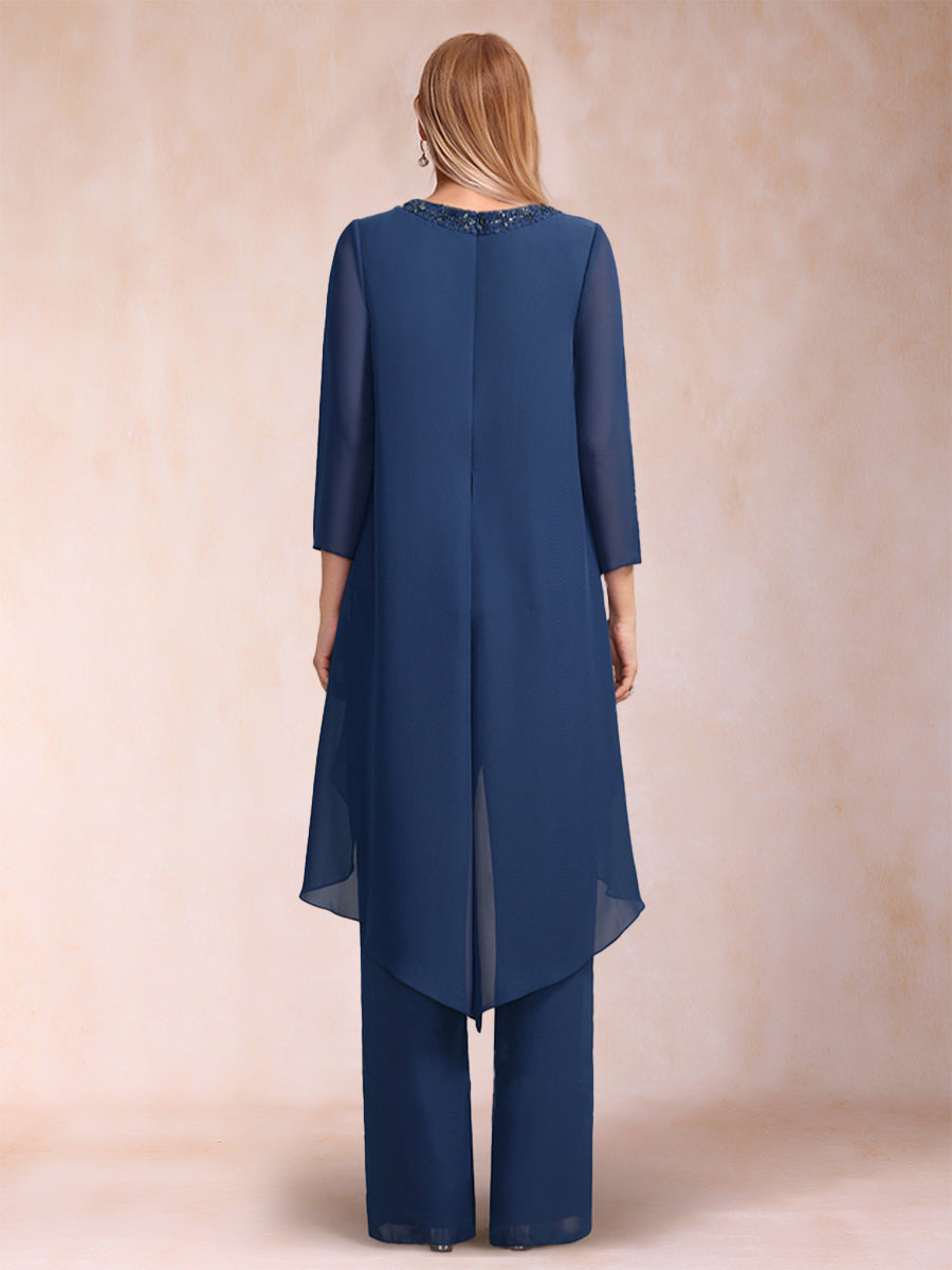 Chiffon Scoop Long Sleeves 2 Pieces Pantsuits with Rhinestone &amp; Jacket