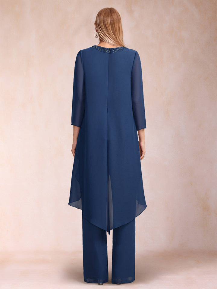 Chiffon Scoop Long Sleeves 2 Pieces Pantsuits with Rhinestone &amp; Jacket