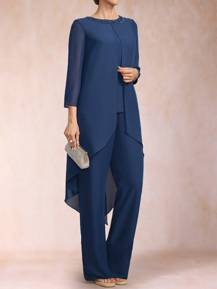Chiffon Scoop Long Sleeves 2 Pieces Pantsuits with Rhinestone &amp; Jacket