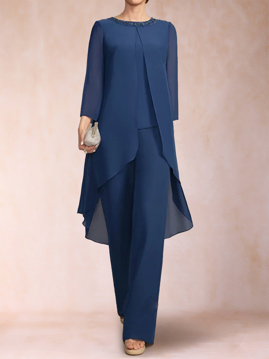 Chiffon Scoop Long Sleeves 2 Pieces Pantsuits with Rhinestone &amp; Jacket