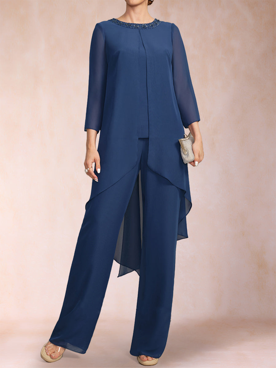 Chiffon Scoop Long Sleeves 2 Pieces Pantsuits with Rhinestone &amp; Jacket