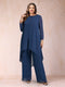 Chiffon Scoop Long Sleeves 2 Pieces Pantsuits with Rhinestone & Jacket