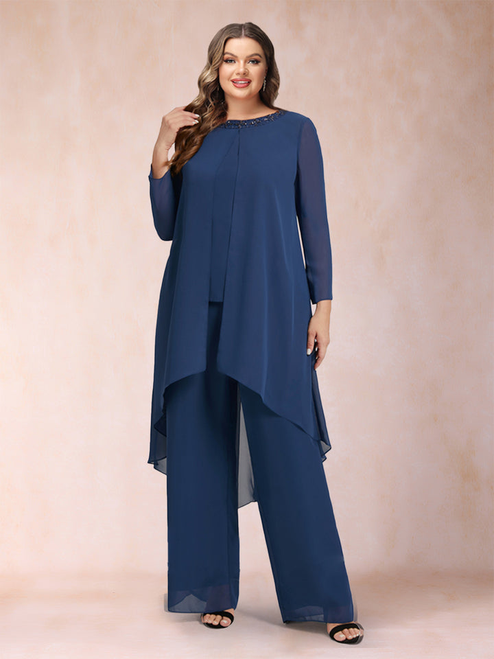 Chiffon Scoop Long Sleeves 2 Pieces Pantsuits with Rhinestone &amp; Jacket