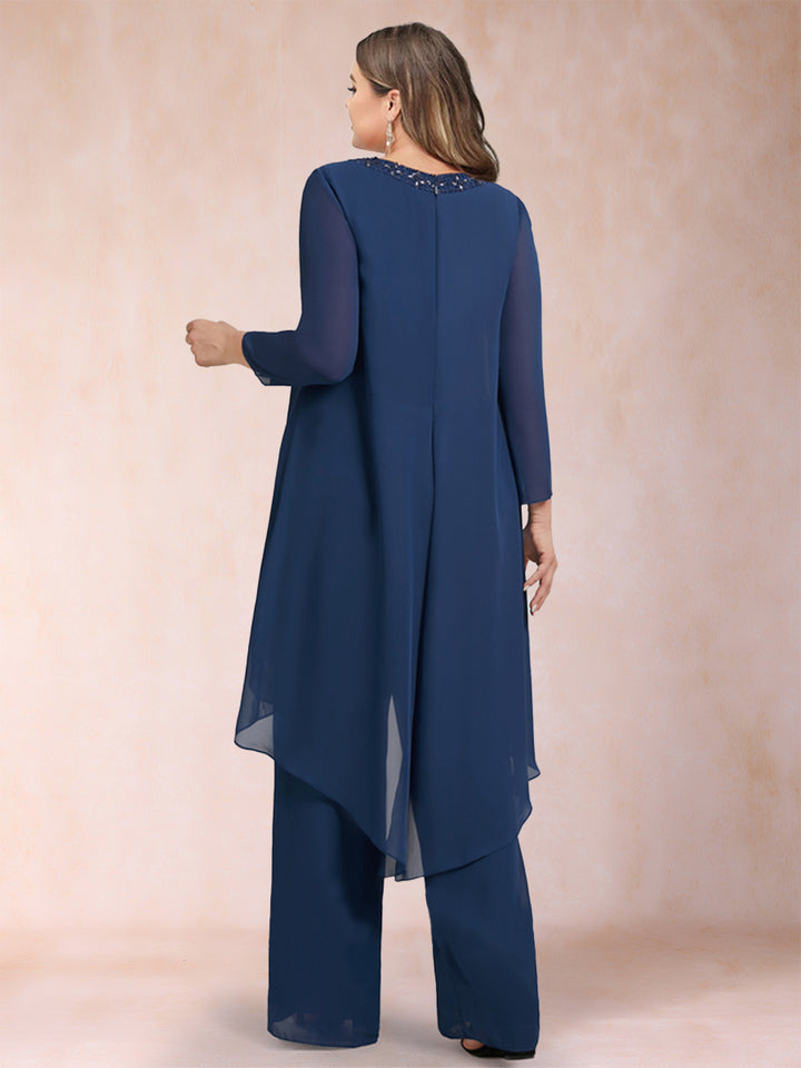 Chiffon Scoop Long Sleeves 2 Pieces Pantsuits with Rhinestone &amp; Jacket