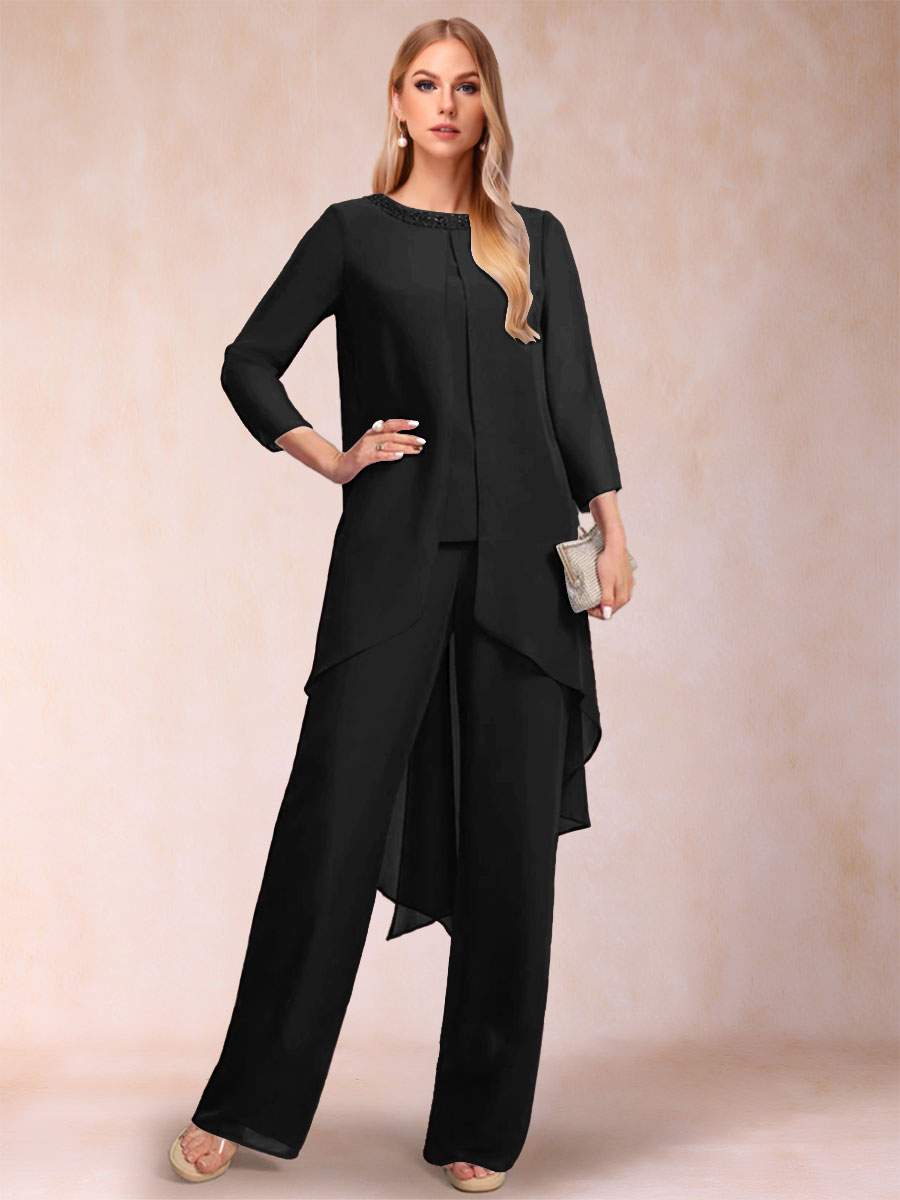 Chiffon Scoop Long Sleeves 2 Pieces Pantsuits with Rhinestone &amp; Jacket