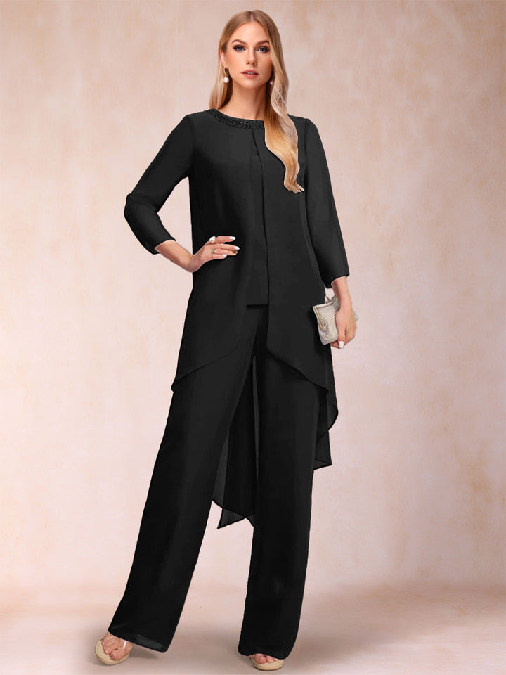 Chiffon Scoop Long Sleeves 2 Pieces Pantsuits with Rhinestone &amp; Jacket