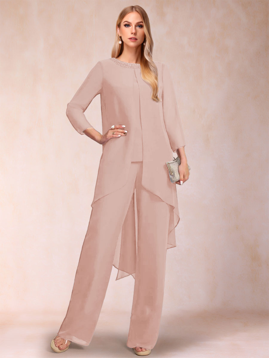 Chiffon Scoop Long Sleeves 2 Pieces Pantsuits with Rhinestone &amp; Jacket